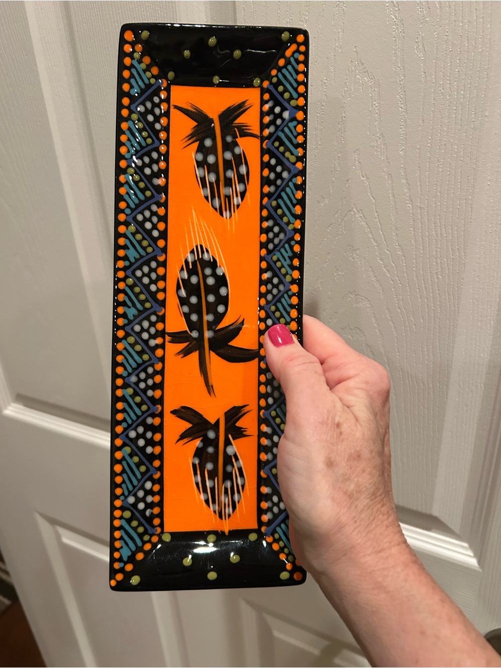 Hout Bay South African Hand Painted Porcelain “Feather” Tray — Orange, Black